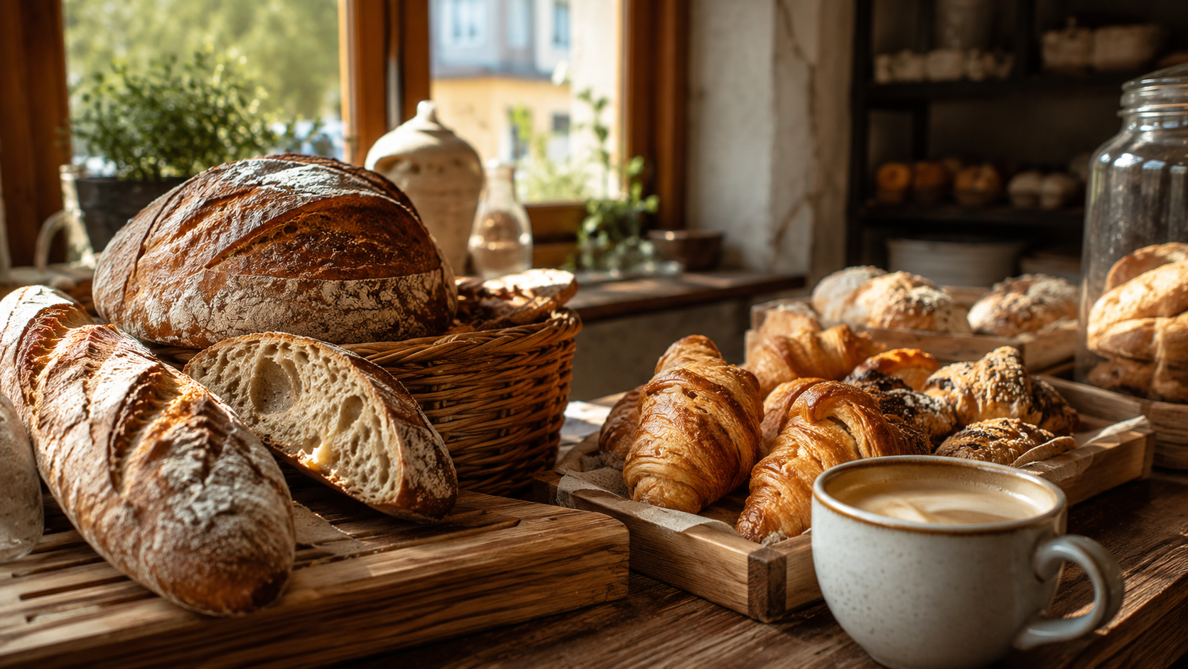 Frisches Brot, Gebäck und Kaffee